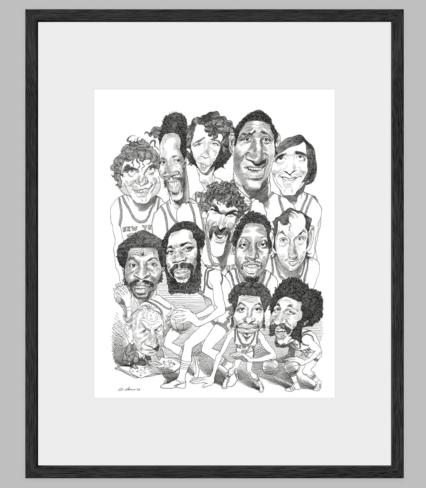 New York Knicks, 1973 Championship Team — Caricature by David Levine | Framed Archival Print, 16×20