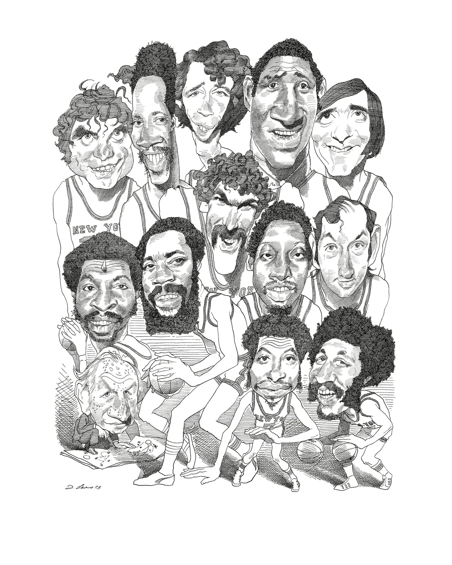 New York Knicks, 1973 Championship Team — Caricature by David Levine | Framed Archival Print, 16×20