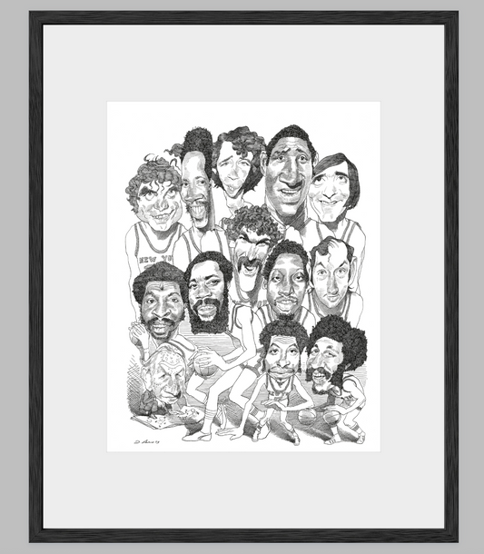New York Knicks, 1973 Championship Team — Caricature by David Levine | Framed Archival Print, 16×20