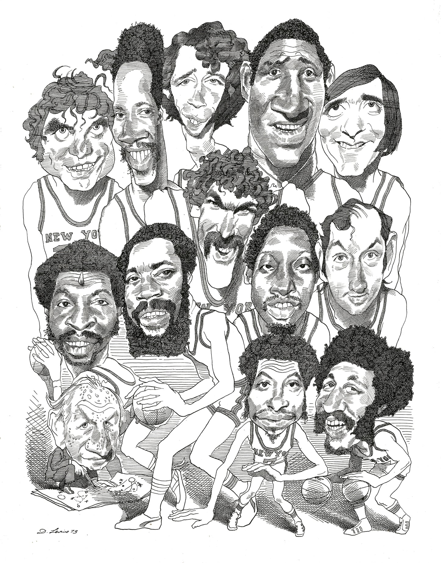 NY Knicks 1973 Championship Team by David Levine - Limited Edition Print